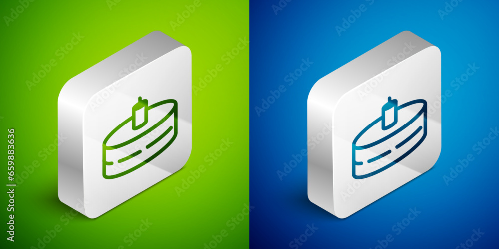 Isometric line Cake with burning candles icon isolated on green and blue background. Happy Birthday. Silver square button. Vector Isometric line Cake with burning candles icon isolated on green and blue background. Happy Birthday. Silver square button. Vector