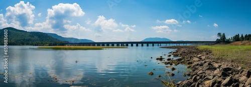 A natural masterpiece: panoramic view of dam, mountains, and clear blue sky