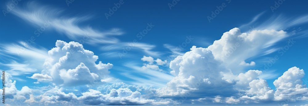 A tranquil panorama of the blue sky painted with wispy white clouds - obrazy, fototapety, plakaty 