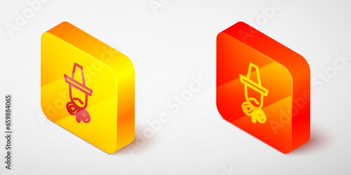 Isometric line Traditional korean hat icon isolated on grey background. Yellow and orange square button. Vector