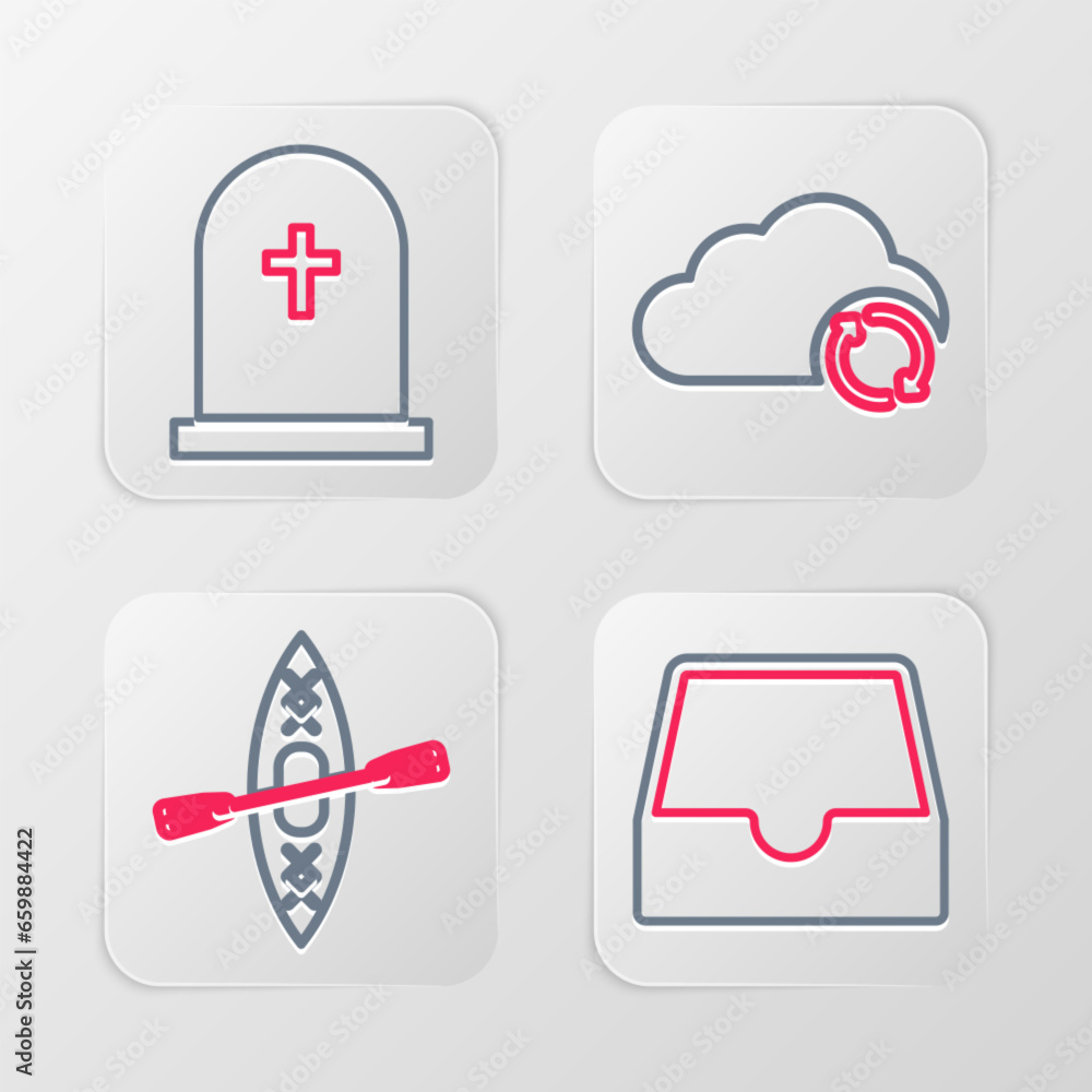 Set line Social media inbox, Kayak and paddle, Cloud sync refresh and Tombstone with cross icon. Vector Set line Social media inbox, Kayak and paddle, Cloud sync refresh and Tombstone with cross icon. Vector