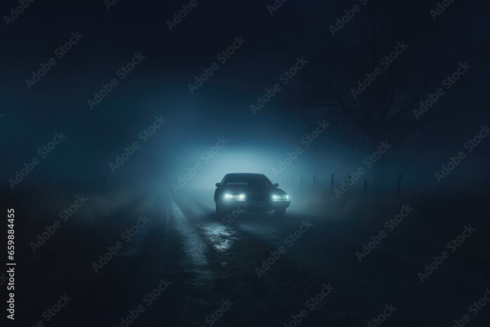 Car rural road in foggy night the headlights shine through the fog. Generative AI