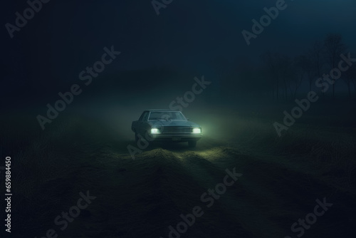 Car on rural road in foggy night the headlights shine through the fog. Generative AI