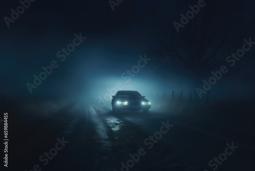 Car rural road in foggy night the headlights shine through the fog. Generative AI © SergeyIT