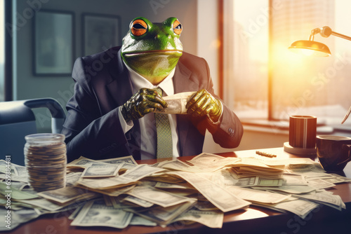 Frog as greedy businessman or bribe taker. Stacks of money on the table. Generative AI