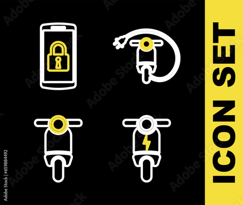 Set line Electric scooter, Scooter and Smartphone with lock icon. Vector