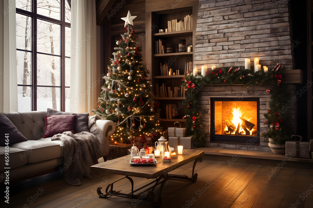 a christmas tree in front of a fireplace