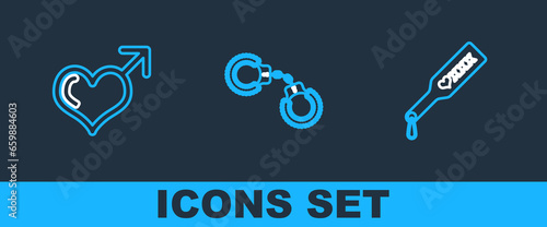 Set line Spanking paddle, Male gender and heart and Sexy fluffy handcuffs icon. Vector