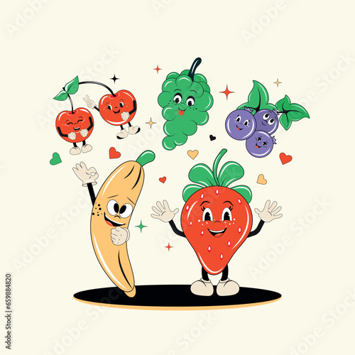 Bright beautiful design in a clockwork style. Strawberries, bananas, cherries, blueberries, grapes on a light background.