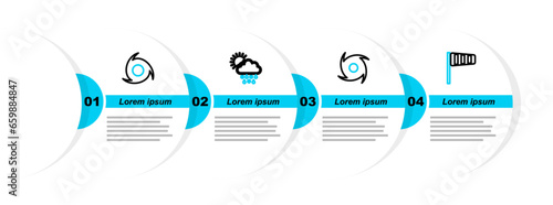 Set line Cone windsock wind vane, Tornado, Cloud with snow, rain, sun and icon. Vector