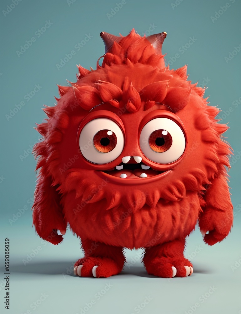 Cute red monster 3D cartoon character. Generative Ai.