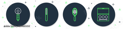 Set line Nail file, Hairbrush, dryer and Eye shadow palette icon. Vector