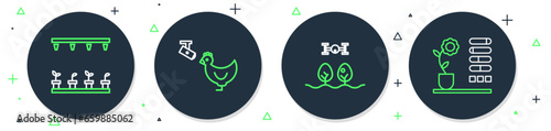 Set line Chicken farm and camera, Smart with drone, Automatic irrigation sprinklers and Flower status icon. Vector