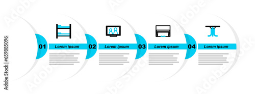 Set line Round table, Grand piano, Picture frame on and Bunk bed icon. Vector