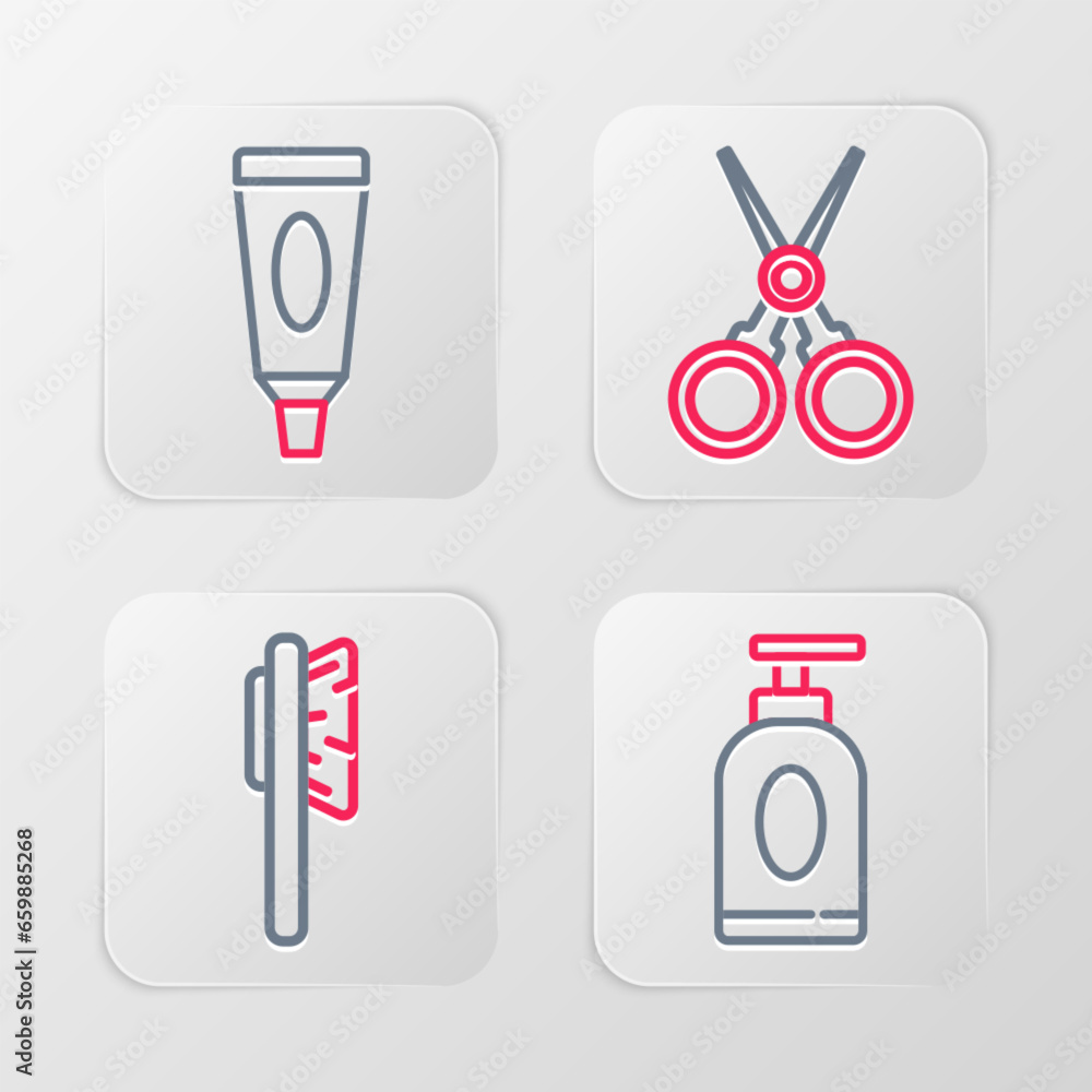 Set line Cream or lotion cosmetic tube, Hairbrush, Scissors hairdresser and icon. Vector Set line Cream or lotion cosmetic tube, Hairbrush, Scissors hairdresser and icon. Vector