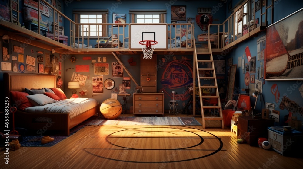 a sports-themed room with a basketball hoop, soccer goal, and sports memorabilia