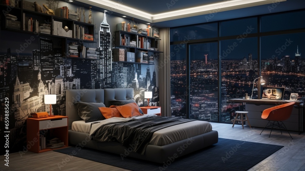 a superhero-themed bedroom with cityscape wallpaper and comic book-style decor