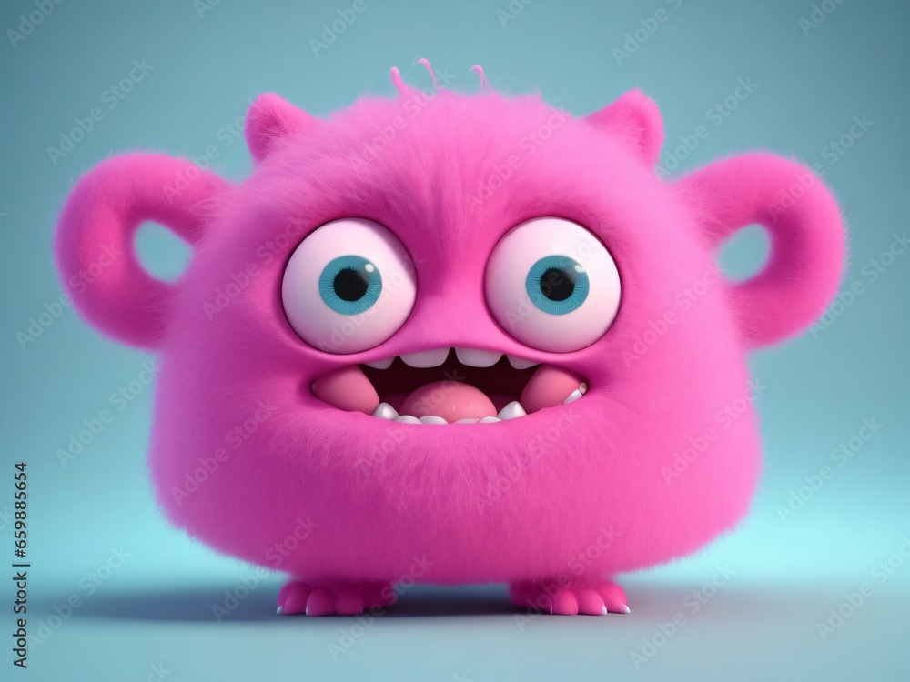 Cute pink monster 3D cartoon character. Generative Ai.
