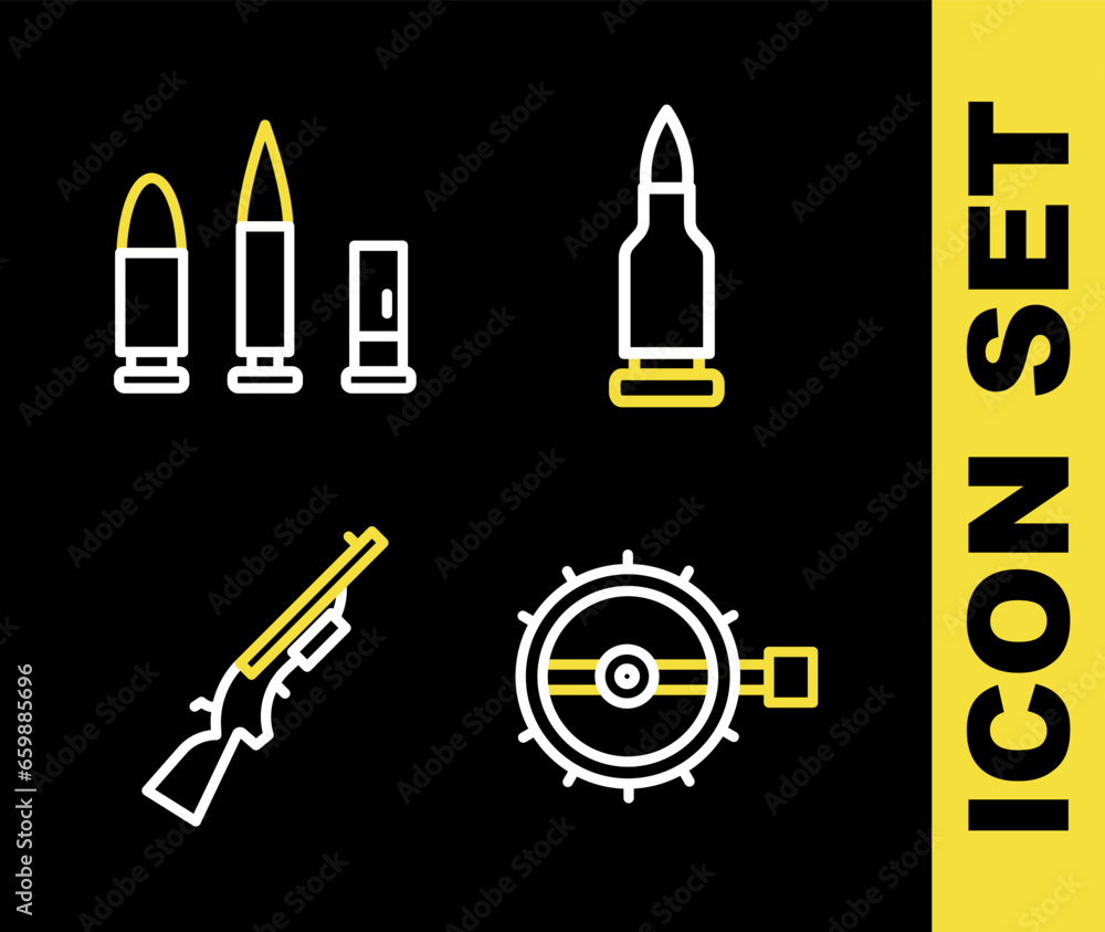 Set line Bullet, Trap hunting, Shotgun and and cartridge icon. Vector