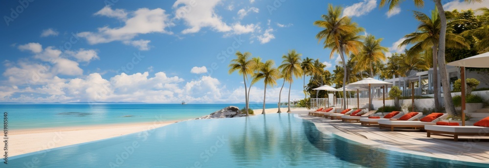 Luxurious beachfront resort: swimming pool, beach chairs, and shaded loungers by the sea