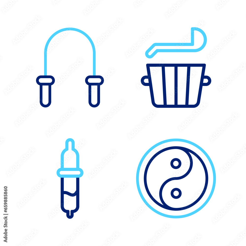 Set line Yin Yang, Pipette, Sauna bucket and ladle and Jump rope icon. Vector Set line Yin Yang, Pipette, Sauna bucket and ladle and Jump rope icon. Vector