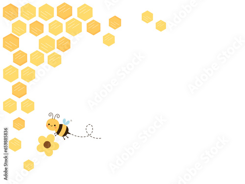 Beehive sign with hexagon grid cells, bee cartoon and yellow flower icon isolated on white background vector.