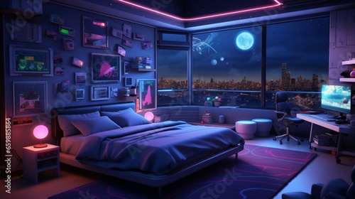 a video game-themed bedroom with pixel art, controllers, and a gaming setup © amnabibi
