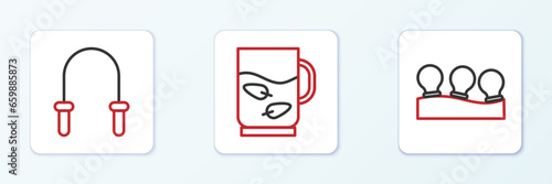 Set line Vacuum cans, Jump rope and Cup of tea and leaf icon. Vector