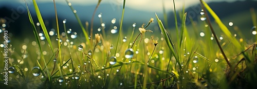 Natures canvas: emerald meadow, blue sky, and bokeh from green grass