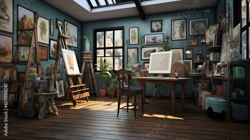 an art studio-inspired room with easels  paintbrushes  and a gallery wall