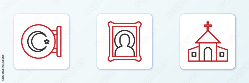 Set line Church building, Star and crescent and Christian icon icon. Vector