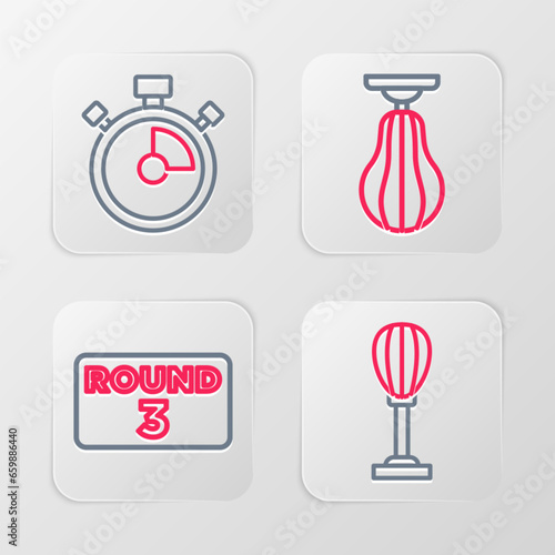 Set line Punching bag, Boxing ring board, and Stopwatch icon. Vector
