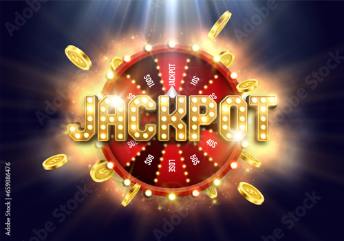 Shining Jackpot sign with wheel of fortune and golden coins. Vector illustration