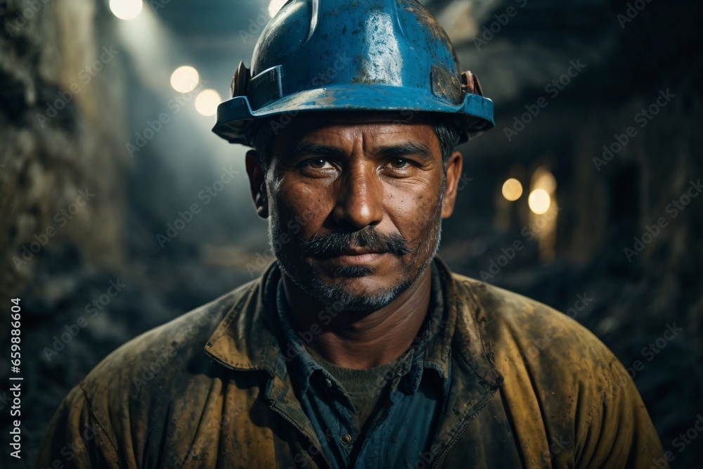 Fototapeta premium Portrait of a proud and resilient American steel worker in a factory, reflecting strength and skilled blue-collar labor. Generative AI.