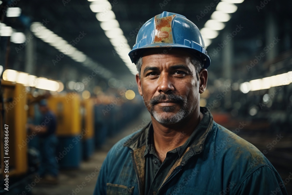 Portrait of a proud and resilient American steel worker in a factory, reflecting strength and skilled blue-collar labor. Generative AI. Portrait of a proud and resilient American steel worker in a factory, reflecting strength and skilled blue-collar labor. Generative AI.