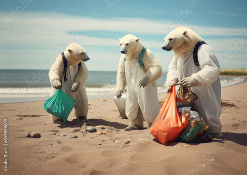 Amazing wild polar bears as eco volunteers cleaning beach from plastic with trash bags at seashore.