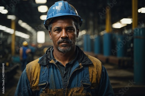 Portrait of a proud and resilient American steel worker in a factory, reflecting strength and skilled blue-collar labor. Generative AI.