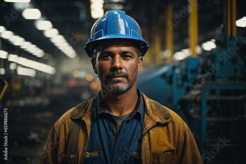 Portrait of a proud and resilient American steel worker in a factory, reflecting strength and skilled blue-collar labor. Generative AI.