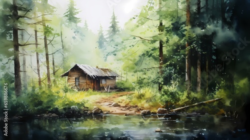 Watercolor painting of a wooden house in the middle of the forest.