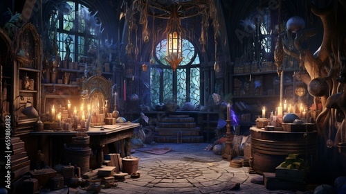 the room into a magical wizard's lair with spellbooks, potion bottles, and mystical symbols