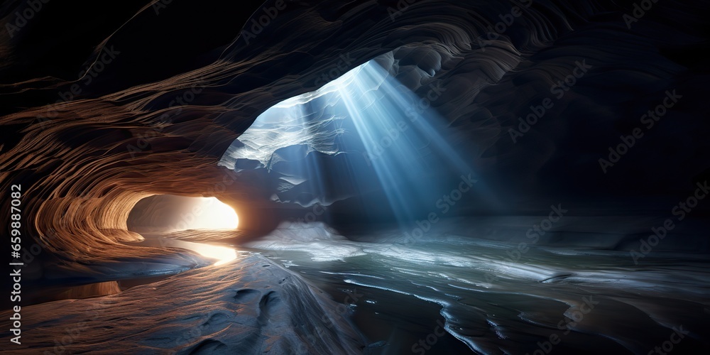 AI Generated. AI Generative. Old deep cave under earth witn sun ray light from above. Graphic Art