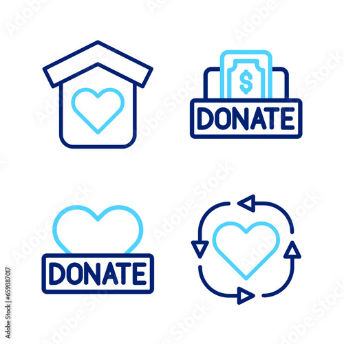 Set line Volunteer, Donation and charity, and Shelter for homeless icon. Vector