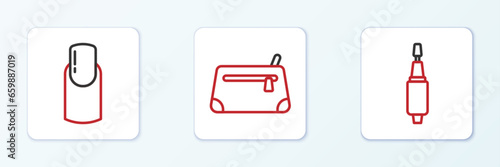 Set line Milling cutter for manicure, Nail and Cosmetic bag icon. Vector