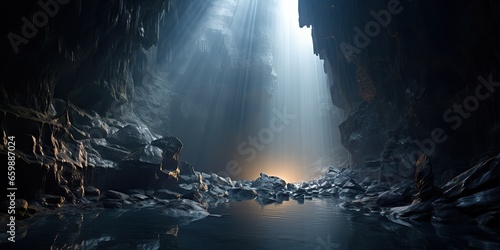 AI Generated. AI Generative. Old deep cave under earth witn sun ray light from above. Adventure exploration vibe