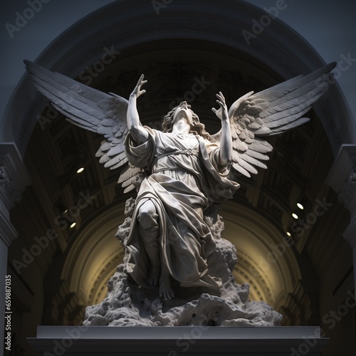 Marble statue of masculine fallen angel with demon wings looking up to the sky inside a museum. Generative AI