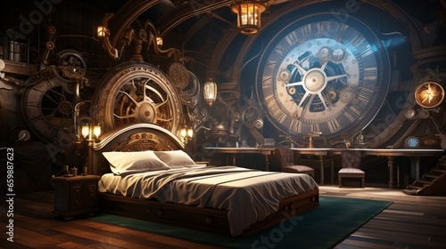 Transform the space into a time-travel-themed room with clocks, gears, and a time machine bed