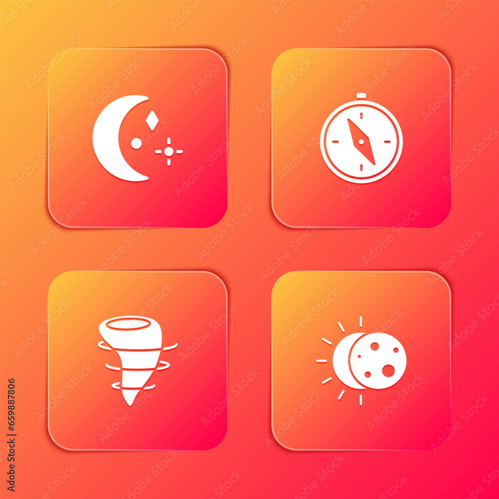 Set Moon and stars, Compass, Tornado and Eclipse of the sun icon. Vector Set Moon and stars, Compass, Tornado and Eclipse of the sun icon. Vector