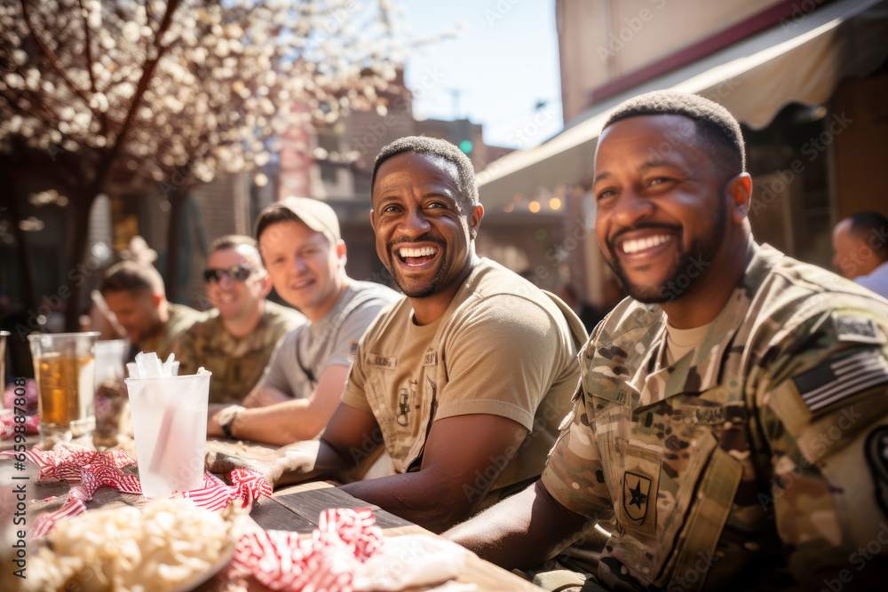 Group of happy african american military men, smiles soldier war veterans on a sunny day in a street cafe sharing memories and talking about service together. Celebrating Remembrance, Independence Day - obrazy, fototapety, plakaty 
