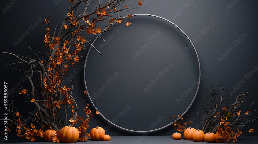 round arch, frame of branches and leaves autumn theme on a dark background, presentation of a new product, stage - obrazy, fototapety, plakaty 