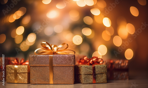 Golden gift boxes with ribbon bow tag over blurred bokeh background with lights. Birthday or Christmas decor. Blinking Holiday Background. Copy space